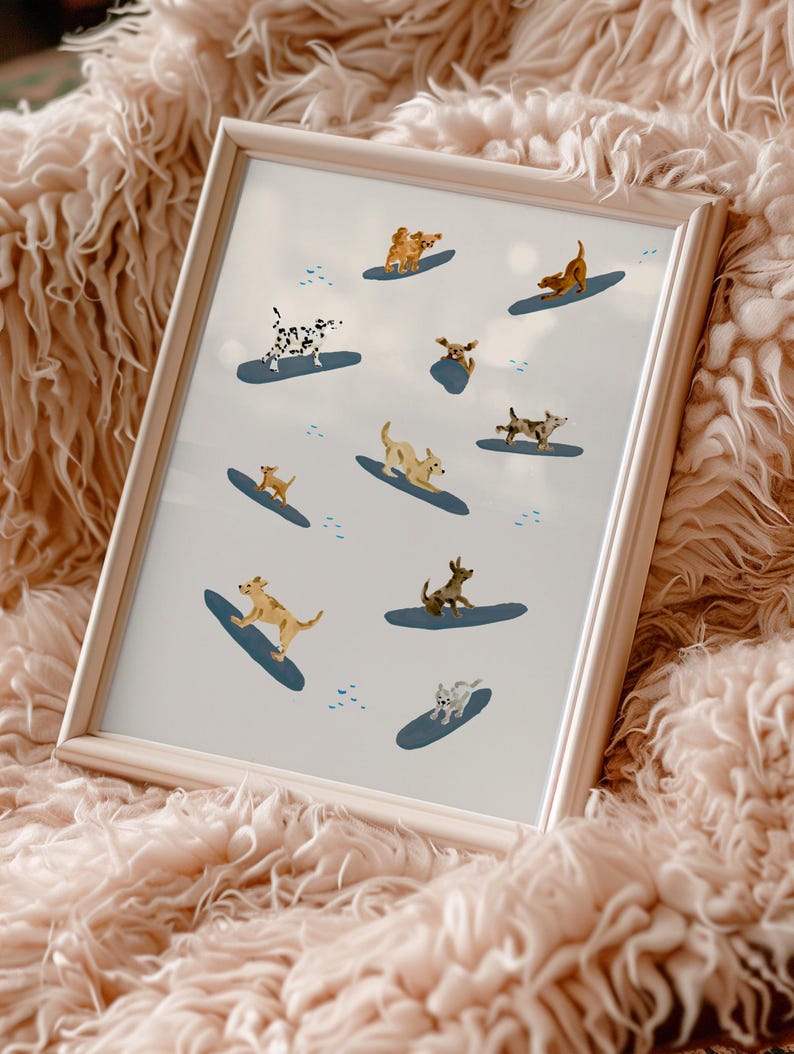 Hunde Surfen Kunstdruck: Beach Vibes, Beige Wanddekoration Bild 1