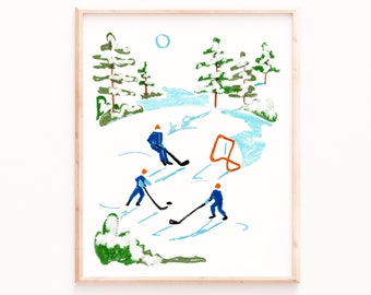 Pond Hockey Art Print, Canadiana Paintings, Canadian Prints, Hockey Gifts, Gift for him