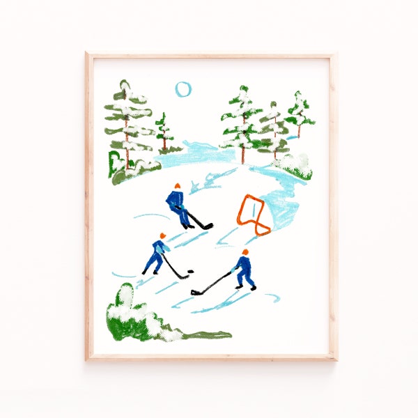 Pond Hockey Art Print, Canadiana Paintings, Canadian Prints, Hockey Gifts, Gift for him