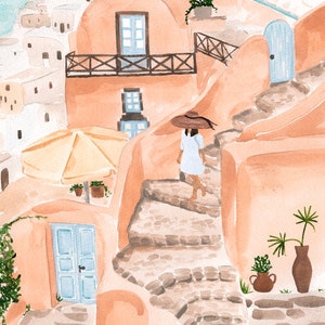 Santorini Art Print, Greece Print, Travel Wall Art, Travel Print, Coastal Wall Decor, Boho Chic Wall Art, Peach Aesthetic, Sabina Fenn
