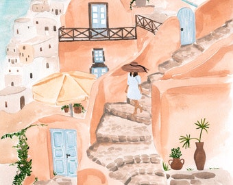 Santorini kustprint: perzikkleurige huisjes en blauw water (ingelijst)