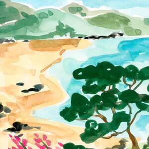 May include: Watercolor painting of a beach scene with a green tree in the foreground, a sandy beach, blue water, and green hills in the background.