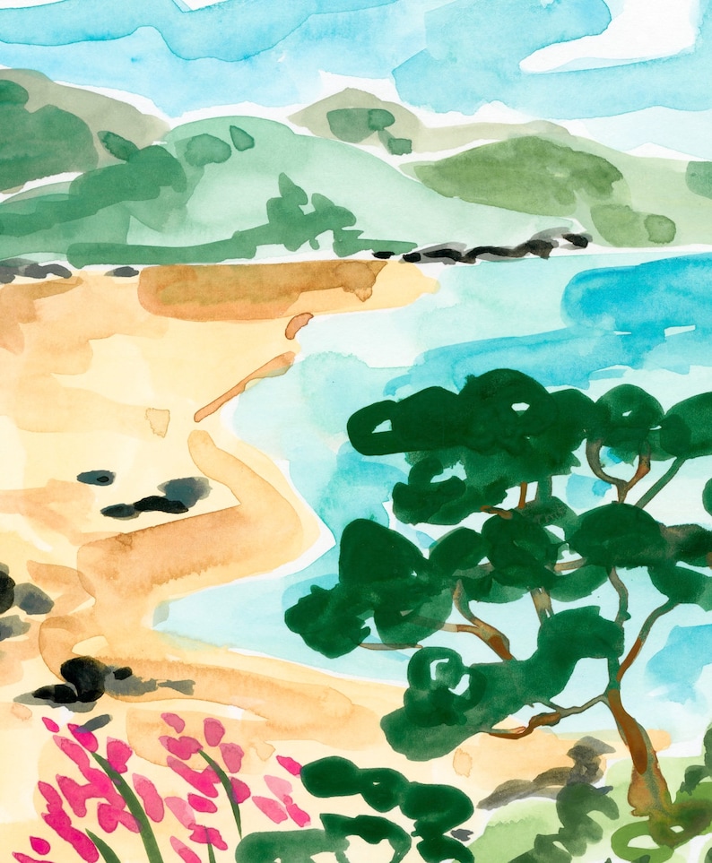 May include: Watercolor painting of a beach scene with a green tree in the foreground, a sandy beach, blue water, and green hills in the background.