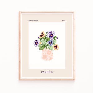 Pansies in a Vase Poster Art Print - Pansy Spring Art - Botanical Flower Artwork - Watercolor Gouache, Painting, Floral Wall Decor