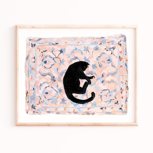 Black Cat Wall Art, Black Cat Art Print, Cat Sleeping on a Rug, Pink Wall Art, Wall Art Living Room, Cat Lover Gifts, Modern Living Room Art