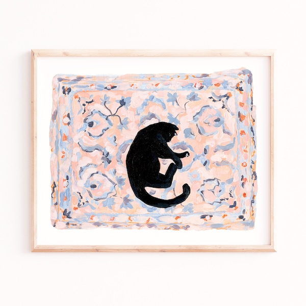 Black Cat Art Print, Sleeping Pose on Pink Rug (Matte Paper, Various Sizes)