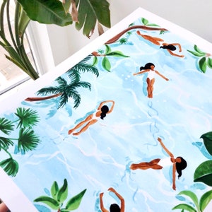 Pu&ograve; includere: Un dipinto ad acquerello di cinque persone che nuotano in una piscina blu con palme e altre piante tropicali sullo sfondo.
