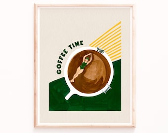 Coffee Poster Print, Good Morning Coffee Swimmer, Retro Swimming Art, Kitchen Wall Art