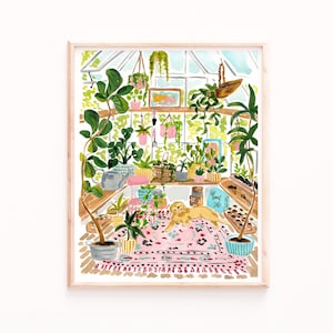 Gewächshaus Garten Art Print, Gartenarbeit Frühling Aquarell, Gelber Labrador, Golden Retriever, Friedliches botanisches Kunstwerk, Gartenarbeit Geschenk für Sie
