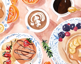 Sofortiger Download Druck, Brunch Kunstdruck, Pfannkuchen Gebäck und Kaffee Malerei, Küche Wandkunst, Frühstück Illustration, Küchendekor