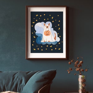 Puede incluir: Una ilustraci&oacute;n de acuarela de un perro vestido de fantasma sosteniendo una calabaza tallada. El perro est&aacute; sentado en una nube con estrellas doradas en el fondo.
