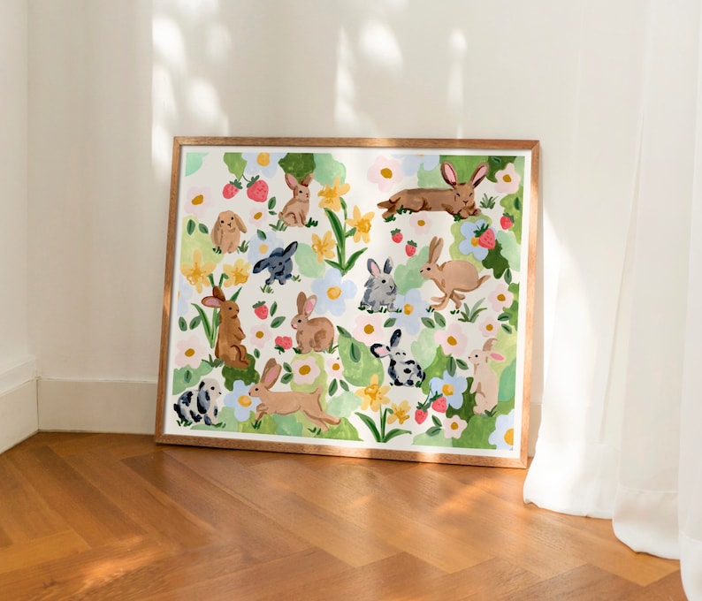 May include: A watercolor painting of a white background with a variety of colorful flowers and bunnies. The bunnies are in different poses and colors, and the flowers are in various shades of pink, blue, and yellow.