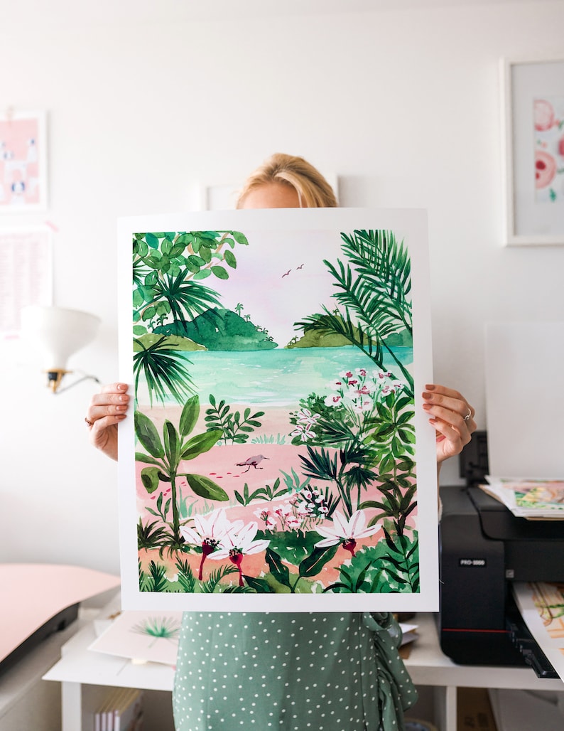Beach Art Print, Tropical Ocean Botanical Illustration, Lush Watercolor Painting, Bird and Trees Landscape, Seaside Wall Art, Bathroom Art image 2