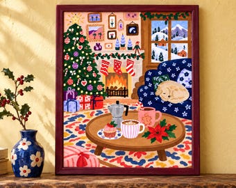Christmas Living Room Art Print, Sleeping Dog by the Fire, Colourful Holiday Coffee Decor