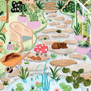 Secret Garden Art Print - Botanical Greenhouse with Frogs and Mushrooms image 3