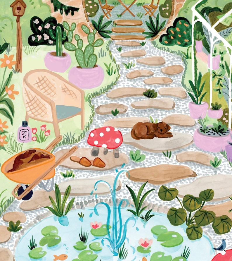 Secret Garden Art Print - Botanical Greenhouse with Frogs and Mushrooms image 3
