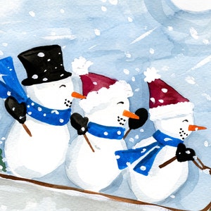 Sledding Snowmen Art Print Sabina Fenn Illustration Holiday Christmas Watercolor Gouache Painting Wall Decor image 3