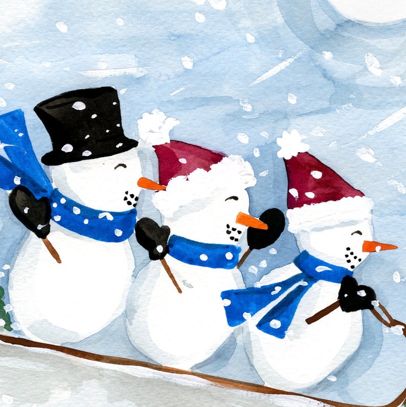 Sledding Snowmen Art Print Sabina Fenn Illustration Holiday Christmas Watercolor Gouache Painting Wall Decor image 3