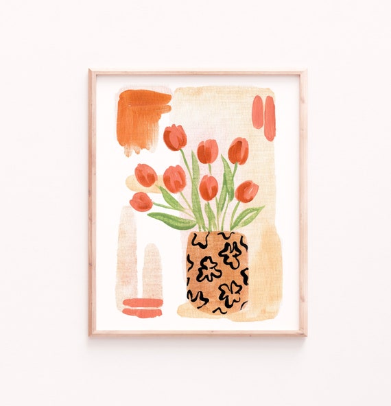 Tulips in Vase Print: Whimsical Botanical Art (Archival Ink, Matte)