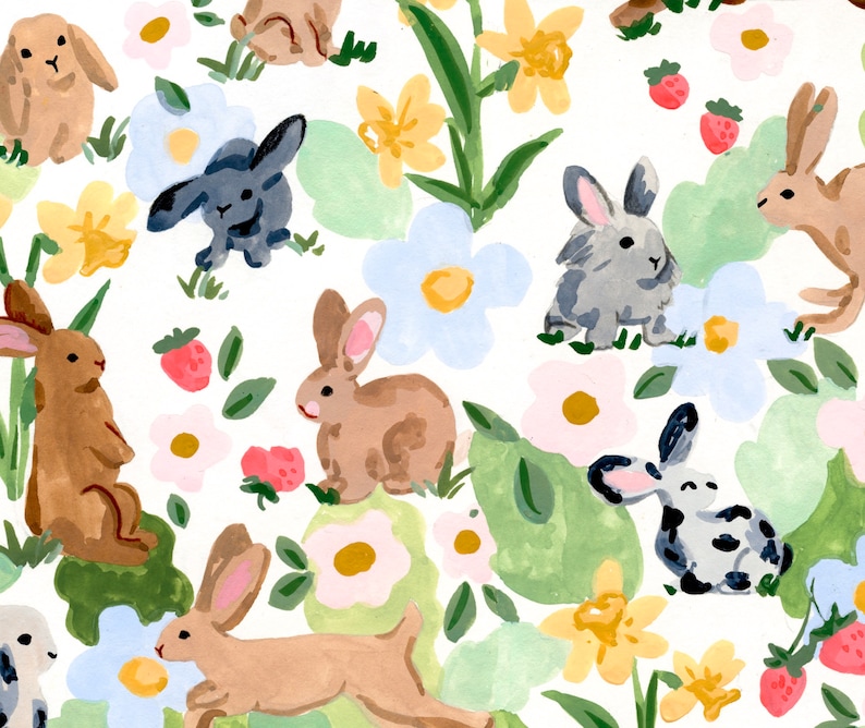 May include: A whimsical pattern featuring watercolor illustrations of bunnies, flowers, and strawberries. The bunnies are in various shades of brown, gray, and white, amidst blue, yellow, and pink flowers, and green foliage, all set against a white background.