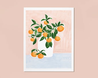 Orangenbaum Zweig in einer Vase Kunstdruck, Obst Aquarell für Küche, Esszimmer, Sabina Fenn Illustration Handgemalte Wand-Dekor