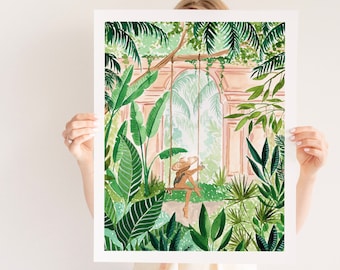 Boho Tropical Art Print, Gouache Painting, Woman on Swing