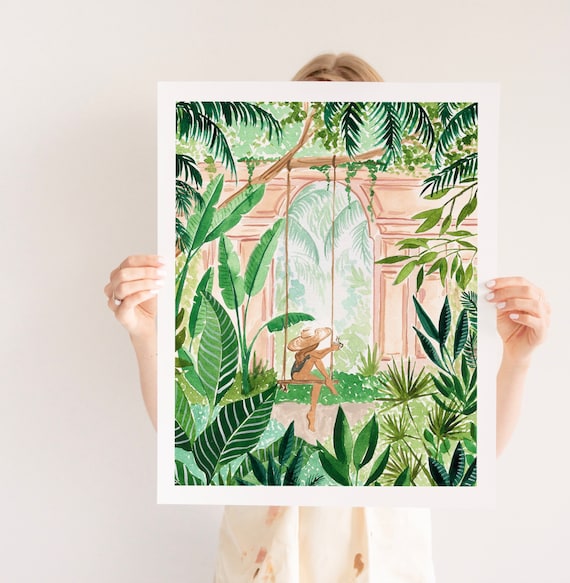 Boho Tropical Art Print, Gouache Painting, Woman on Swing