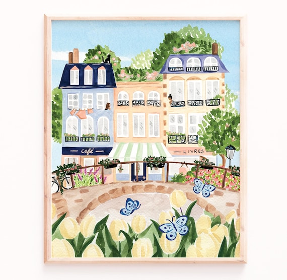 European Village Art Print: Spring Tulips and French Café Scene
