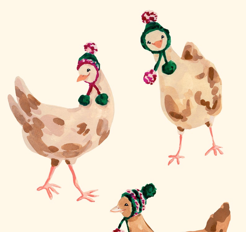 Farmhouse Style Wall Art, Funny Chickens Print, Chickens Wearing Hats, Winter Chickens Print, Painting of Chickens, Mantel Decor Farmhouse image 2