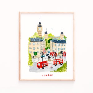 London Kunstdruck, London Szene Illustration, Menschen und Fahrräder, Gebäude, Big Ben, London Bridge Aquarell Giclee Gemälde, England Kunst