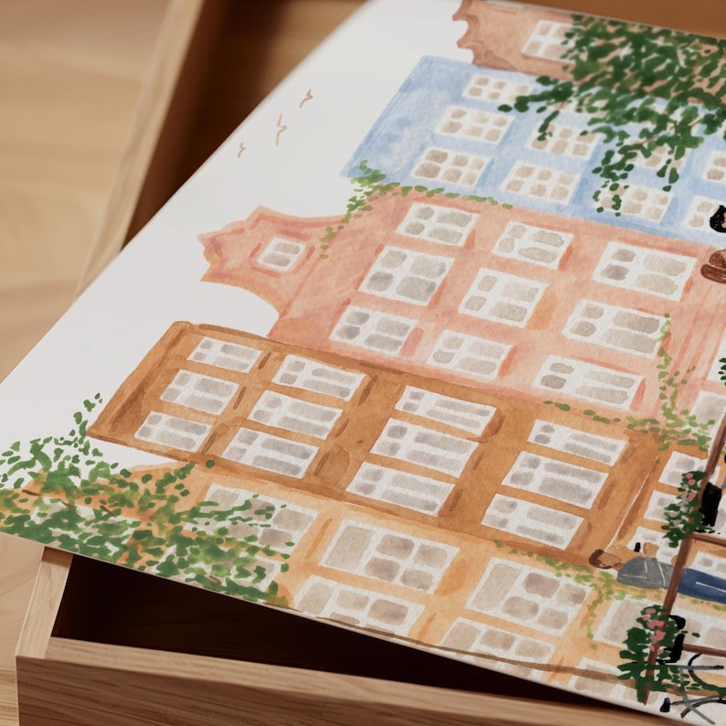 May include: A watercolour illustration depicting a row of multi-storey buildings with stepped gables in shades of blue, peach, and brown. The architecture features numerous rectangular windows and green climbing vines on the exterior walls.