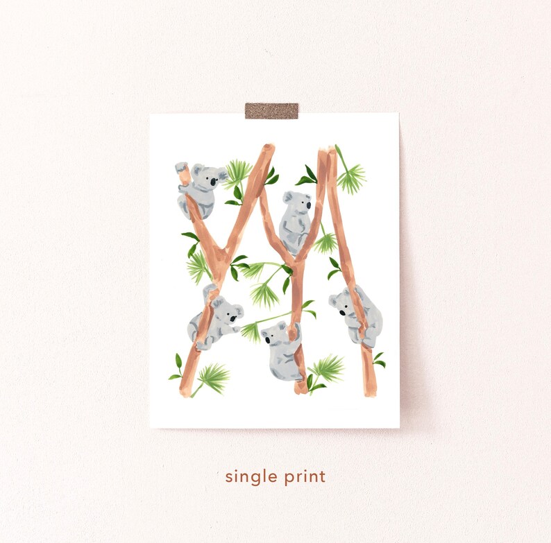 May include: A digital print featuring a whimsical illustration of five koalas climbing on tree branches. The koalas are depicted in shades of gray, while the branches are brown and the leaves are green.