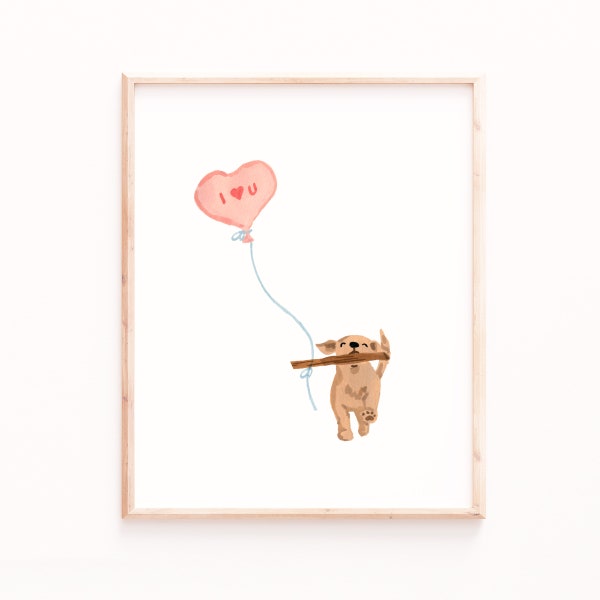 Valentine's Day Art Print, Cute Dog Valentine, Retriever Balloon Print, Valentine's Wall Art, Watercolor Valentines Dog, Valentines Decor