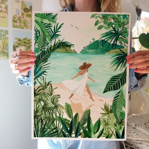 May include: A watercolor painting of a woman in a white dress and a straw hat walking on a beach with lush green foliage in the background.
