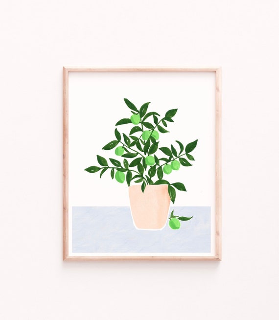 Lime Tree Art Print: Botanical Watercolor, Green and Pink