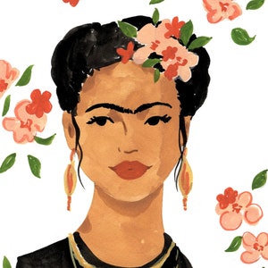 May include: A painting of Frida Kahlo with a unibrow and a flower crown. She is wearing large gold earrings and a black top with a gold necklace.