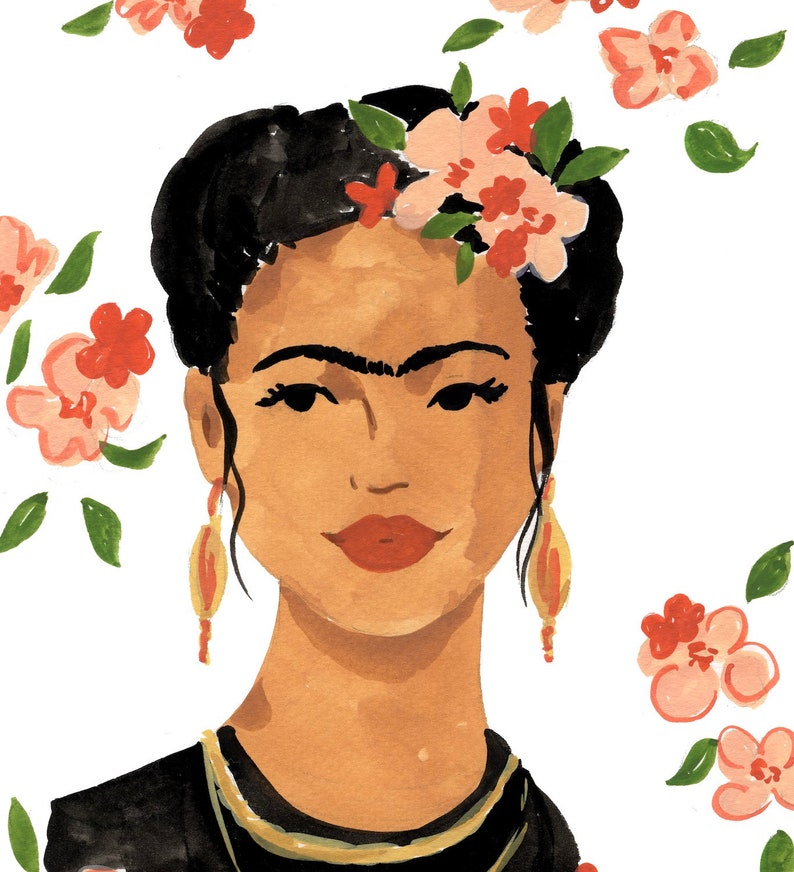 May include: A painting of Frida Kahlo with a unibrow and a flower crown. She is wearing large gold earrings and a black top with a gold necklace.