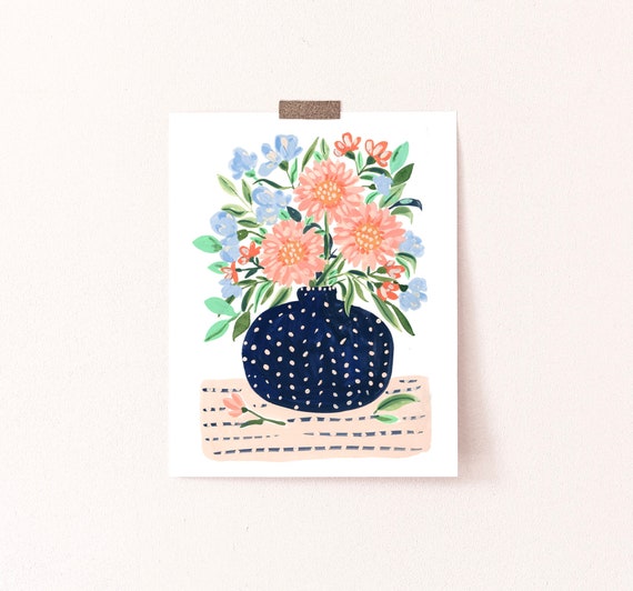 Floral Art Print: Pink and Blue Bouquet (Archival Ink on Fine Paper)