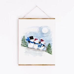 Sledding Snowmen Art Print Sabina Fenn Illustration Holiday Christmas Watercolor Gouache Painting Wall Decor image 2