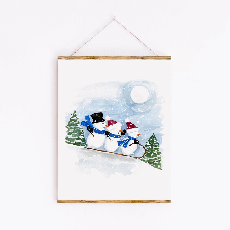 Sledding Snowmen Art Print Sabina Fenn Illustration Holiday Christmas Watercolor Gouache Painting Wall Decor image 2