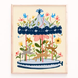 May include: A whimsical illustration of a carousel with a blue and white canopy, pink flowers, and four bunnies riding the carousel. The carousel is surrounded by green leaves and flowers.