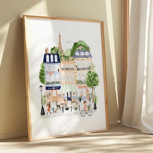 Paris Art Print, Parisian Scene Illustration, People and Bicycles, Buildings, Cafe, Eiffel Tower, Watercolor Giclee Painting, Sabina Fenn