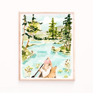 Backcountry Canoe Art Print - Blonde Girl with Yellow Lab on Teal Lake