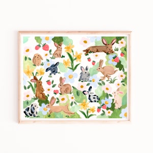 Kaninchen und Erdbeeren Art Print, Blumen und Hasen, Schlafzimmer Druck, Tier Wandbild, Aquarell Tiere, Kaninchen, Sabina Fenn