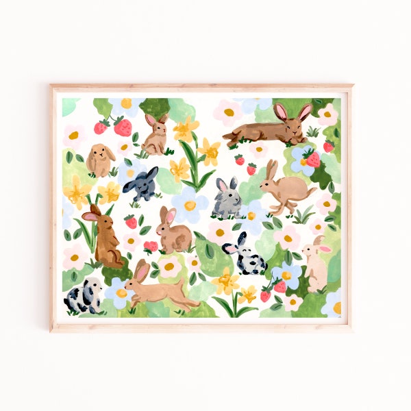 Rabbits and Strawberries Art Print, Flowers and Bunnies, Bedroom Prints, Animal Wall Art, Watercolor Animals, Rabbit Art, Sabina Fenn