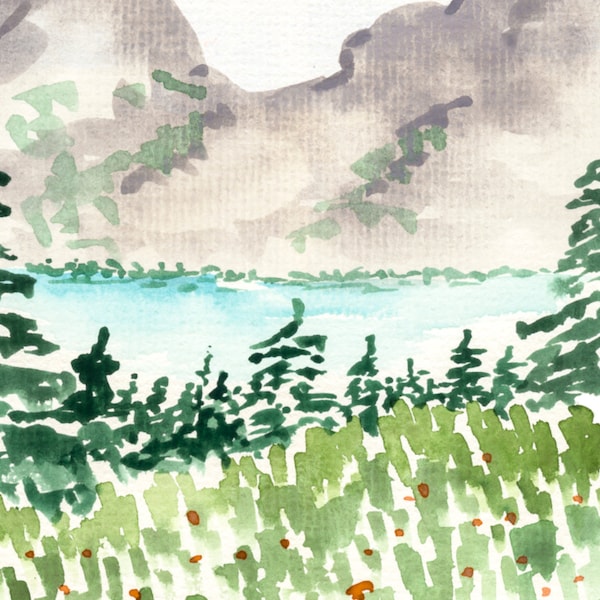West Coast Mountains Art Print - Sabina Fenn Illustration - Watercolor Sketchbook Style Pines and lakeside Banff inspired painting greenery