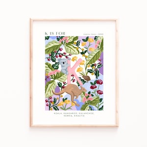 Monograma K Art Print, Impresiones del alfabeto, Arte alfabético de la pared, Decoración de guardería, Impresiones de guardería, Habitación para bebés, Habitación para niños, Impresiones de letras, Animales