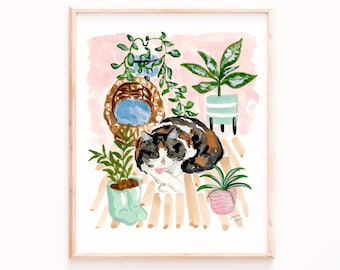 Sleeping Cat Print, Calico Portrait, Cat and Plants, Cat Lover Gifts, Mother's Day Gifts, Gift for her, Watercolor cats