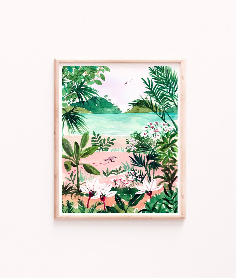 Beach Art Print, Tropical Ocean Botanical Illustration, Lush Watercolor Painting, Bird and Trees Landscape, Seaside Wall Art, Bathroom Art image 1