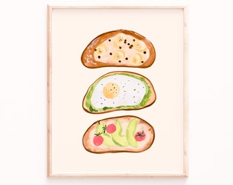Foodie Toast Art Print, Hand-Painted Gouache (Peach Background)